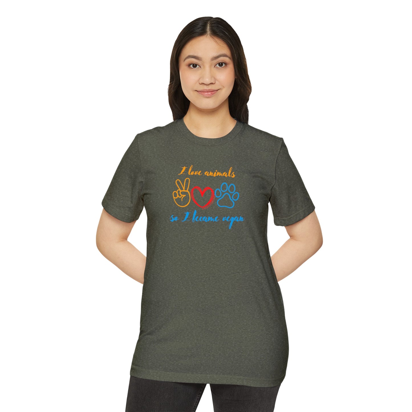 I love animals so I became vegan - Unisex Recycled Organic T-Shirt