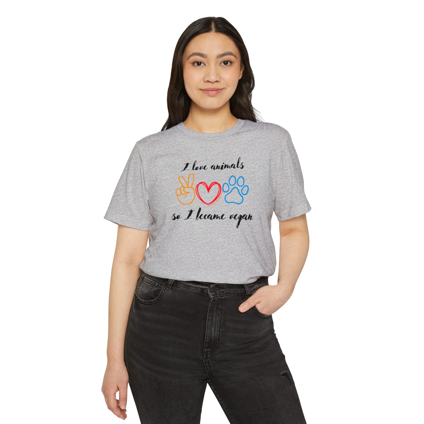 I love animals so I became vegan - Unisex Recycled Organic T-Shirt