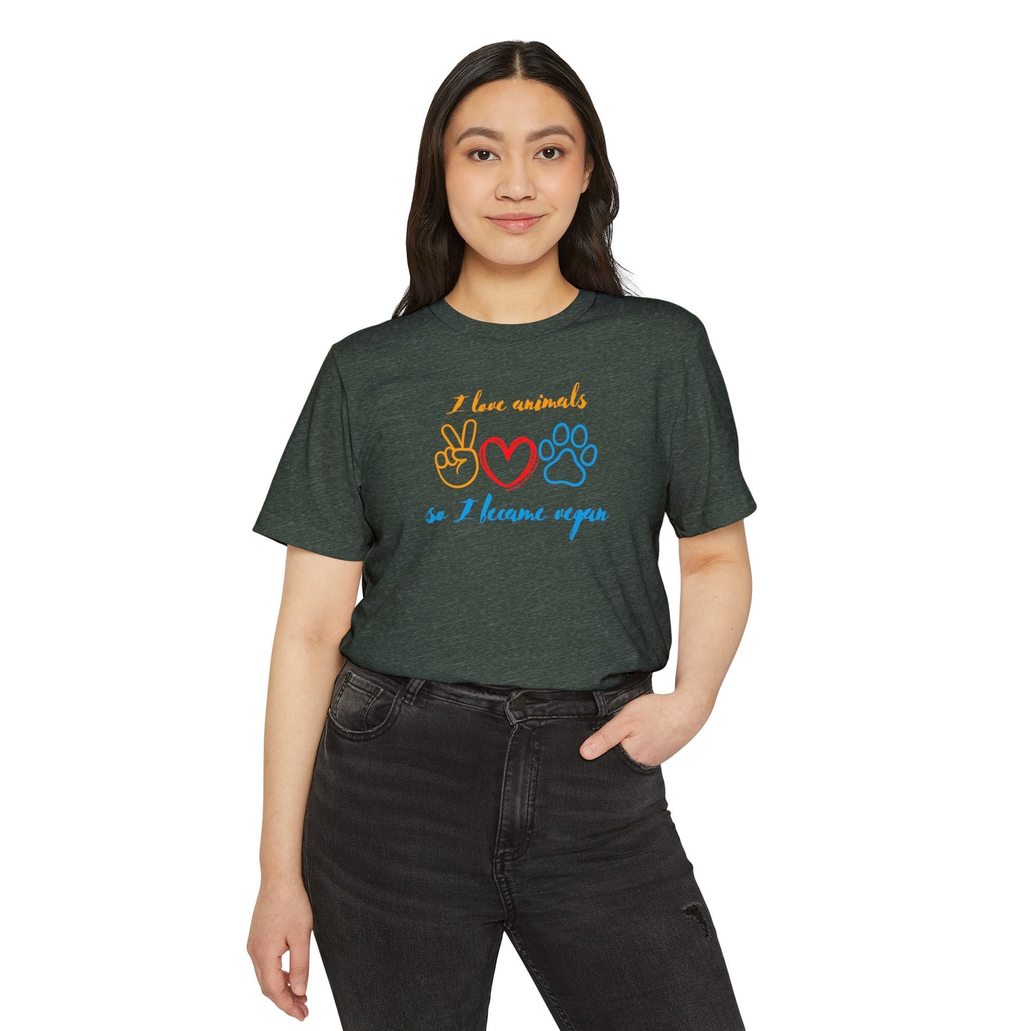 I love animals so I became vegan - Unisex Recycled Organic T-Shirt