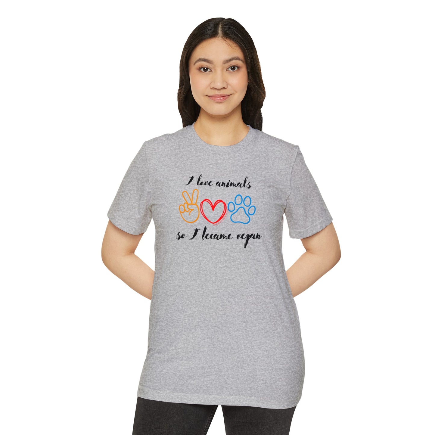 I love animals so I became vegan - Unisex Recycled Organic T-Shirt