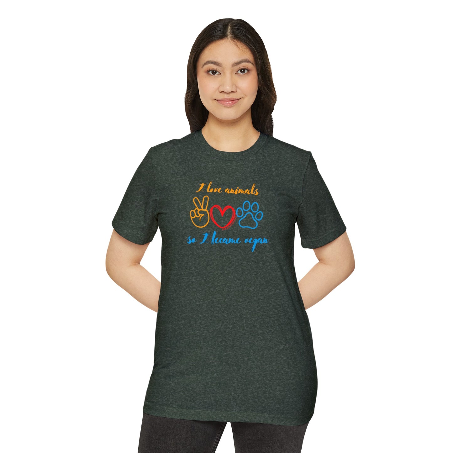 I love animals so I became vegan - Unisex Recycled Organic T-Shirt