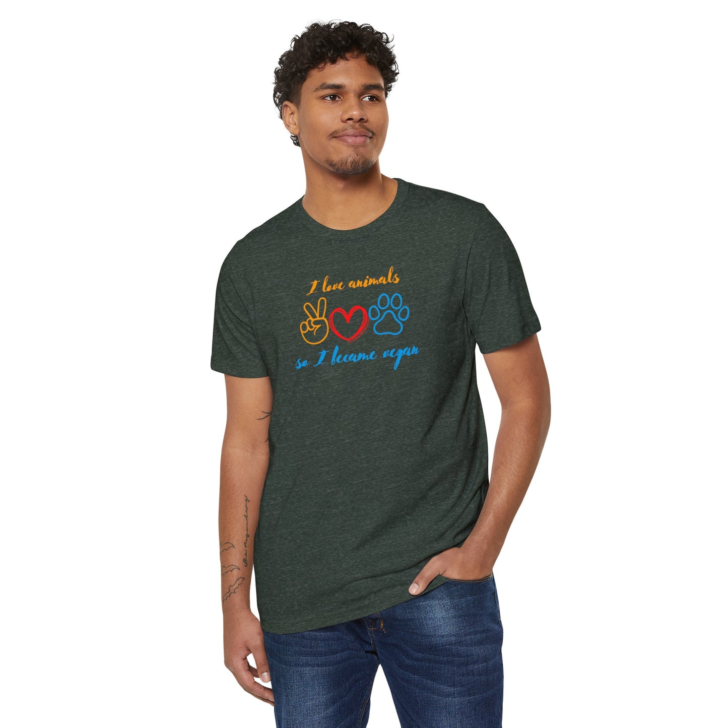I love animals so I became vegan - Unisex Recycled Organic T-Shirt